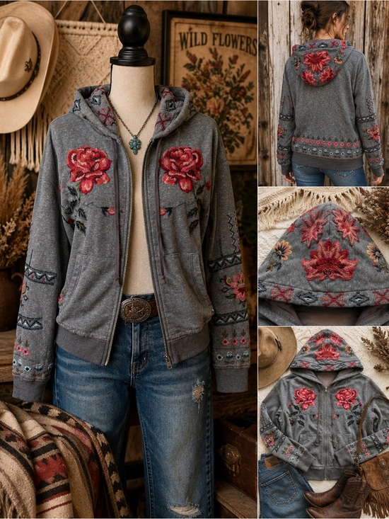 DRIFTWOOD Tops - Driftwood Embroidered Floral Zip Hoodie Boho Western Jacket Medium